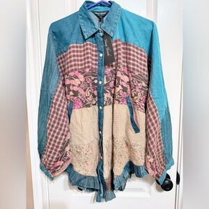 NWT Young Threads M pp29 Patchwork Denim Button-Up Shirt Top
